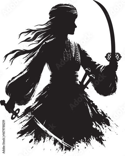 Silhouette of a Warrior Woman with Swords, Depicting Strength, Courage, and Protection