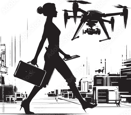 Modern commute: Woman carrying drone across futuristic cityscape