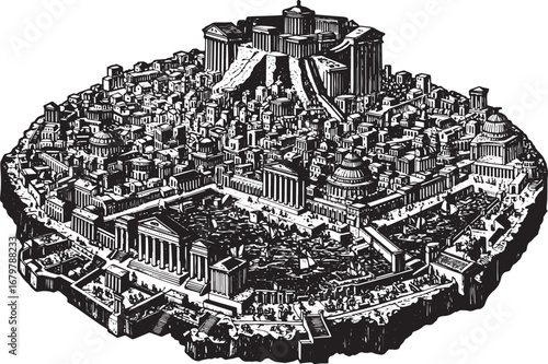 Intricate woodcut depiction of a classical port city atop a rock