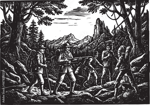 Vintage Exploration Team Illustration in Woodcut Style, Black an