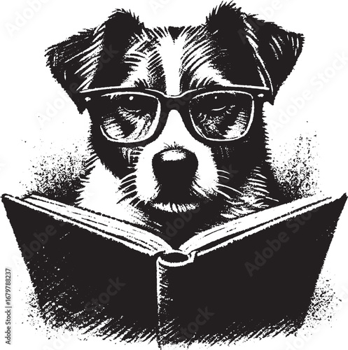 Smart Dog Reading a Book with Glasses in Black and White Vector Illustration
