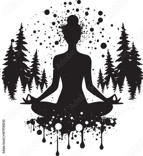 Silhouette of a person meditating in nature with trees and artistic splatters, black and white