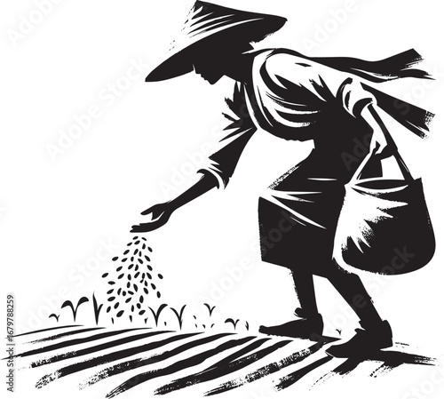 Empowering agriculture: a minimalist sumi-e illustration of a wo