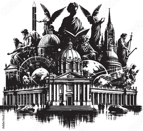 Artistic Black and White Depiction of a Cityscape with Architectural Elements and Figures