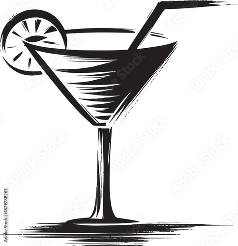 Minimalist Cocktail Illustration, Sumi-e Brushstroke Style, Refr