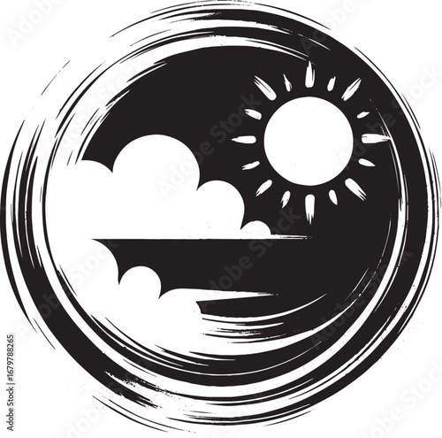 Minimalist Sun and Cloud in Zen Circle - Weather Icon with Brush