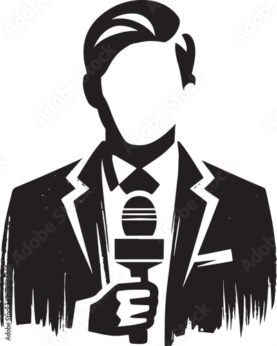 Monochrome TV Reporter with Microphone Sumi-e Style Brush Stroke