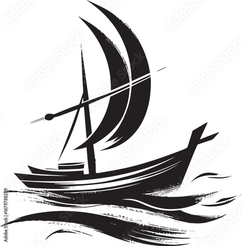Monochrome sumi-e style depiction of a traditional sailing vesse