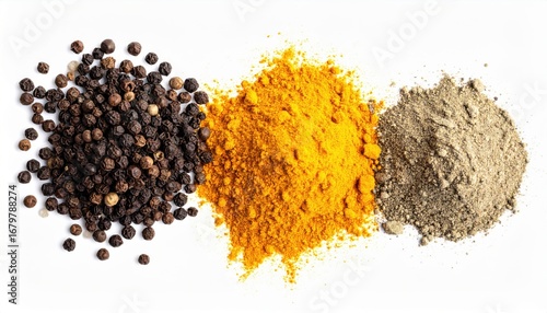 Fototapeta Naklejka Na Ścianę i Meble -  A top-down view of three piles of spices on a white background: black peppercorns, bright yellow turmeric powder, and a pile of grey pepper powder. Concept of spices and cooking ingredients