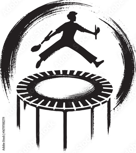 Silhouette of a Jumper with Sticks on a Trampoline in Sumi-e Sty