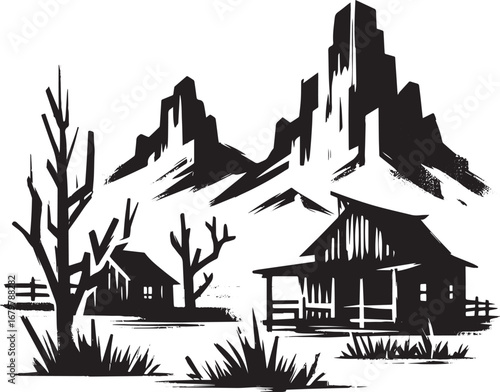 Minimalist sumi-e style landscape icon featuring western terrain