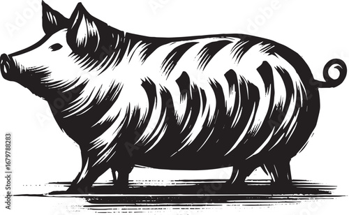 Minimalist Sumi-e Style Illustration of a Domestic Pig with Fine