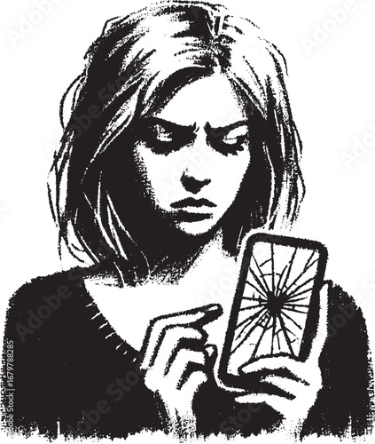 Illustration of a disappointed woman looking at her cracked smartphone screen in grayscale