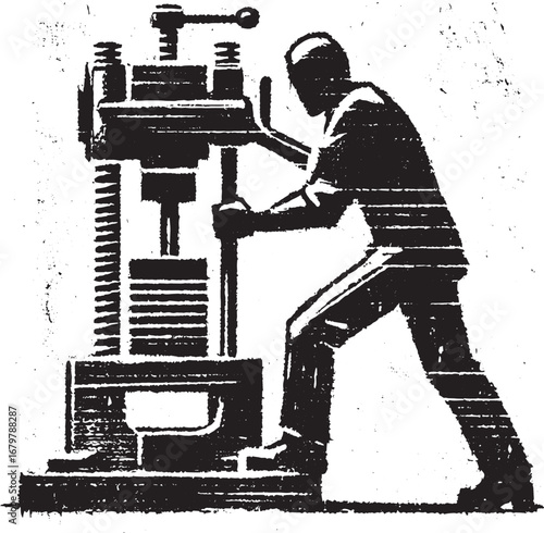 Silhouette of a worker operating a heavy industrial machine for manufacturing processes