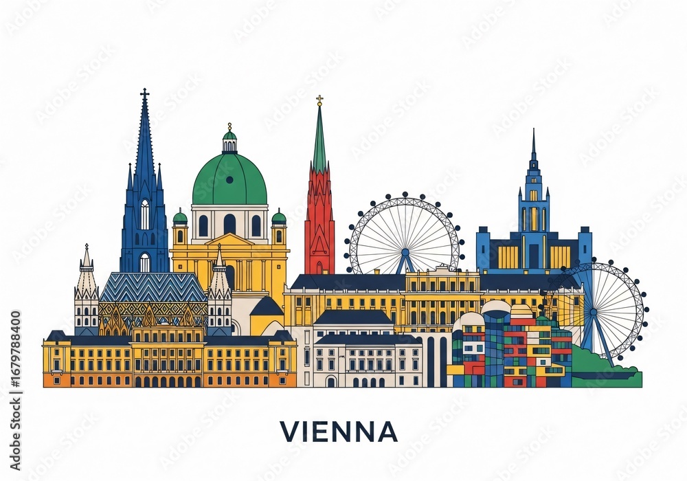 Obraz premium Colorful Vienna City Skyline Vector Illustration Isolated on White Background
