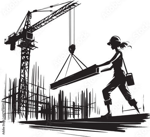 Sumi-e Construction: Woman Directing Crane and Steel Beams with