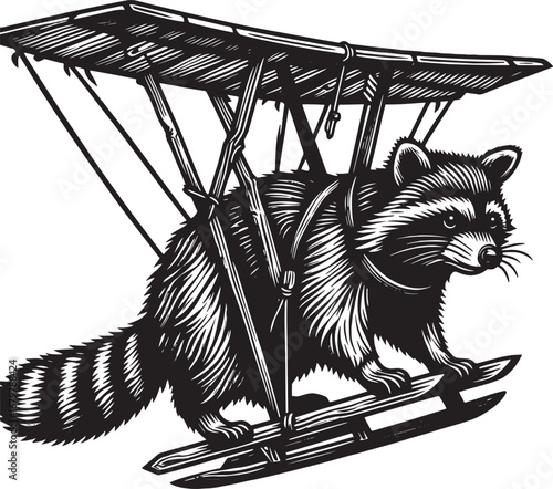 Whimsical illustration of a raccoon soaring through the air on a handmade glider design