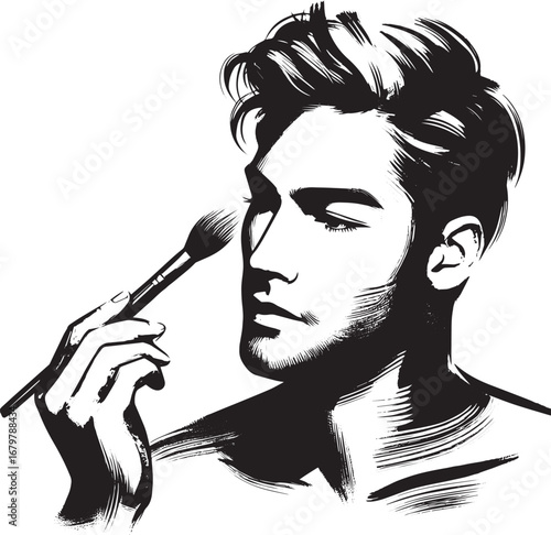 Elegant monochrome illustration of a man applying makeup with a