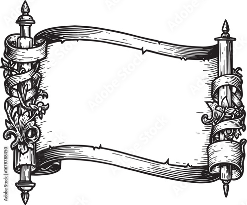Ornate Decorative Scroll Banner with Floral Accents in Woodcut S