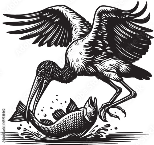 Intricate Black and White Illustration of a Bird Catching a Fish in Artistic Detail