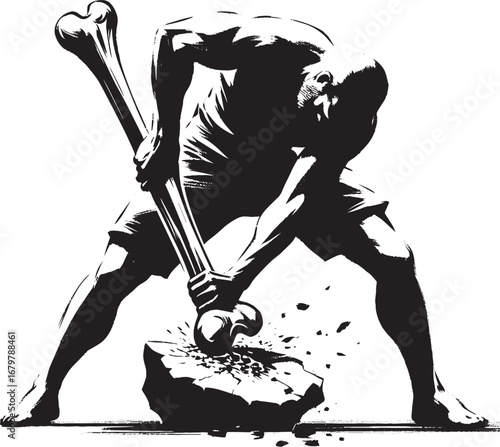 Monochrome Sumi-e Illustration: A Man Extracting Marrow with Bon