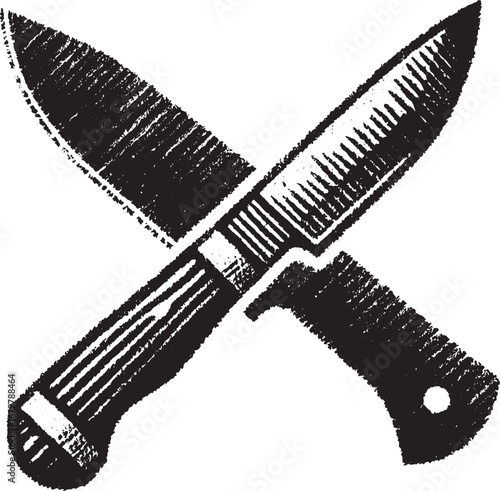Crossed knives illustration in black and white depicting blades for hunting or cooking purposes