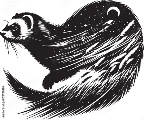 Artistic Black and White Illustration of a Ferret with a Night Sky and Grassy Field
