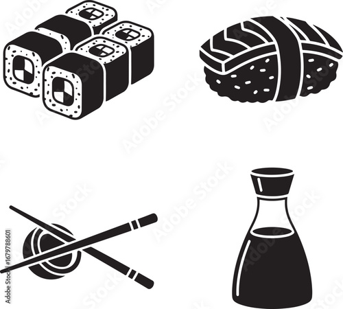 Minimalist sushi set featuring maki rolls nigiri chopsticks and soy sauce bottle
