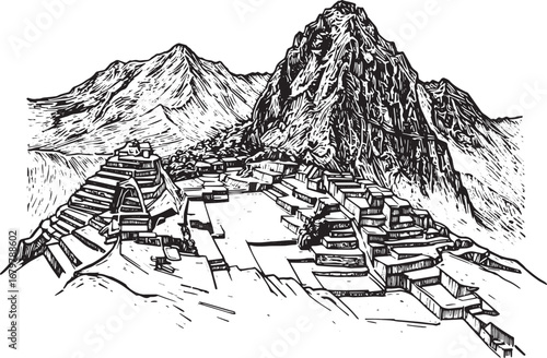 Detailed Monochrome Woodcut Illustration of Ancient Andean Civil