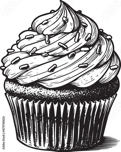 Elegant cupcake engraving with sprinkles in black and white, iso