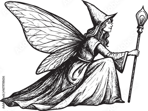 Enchanting Fairy Godmother: Woodcut-Style Illustration in Striki