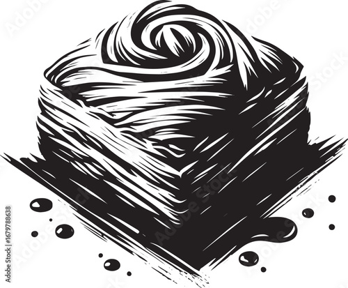 Elegant sumi-e style illustration of a Turkish baklava pastry de