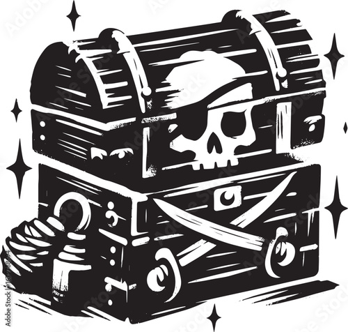 Sumi-e Style Pirate Treasure Chest with Skull and Swords Illustr