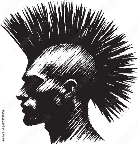 A Bold Black and White Graphic Illustration of a Punk Rocker's Mohawk Haircut Profile