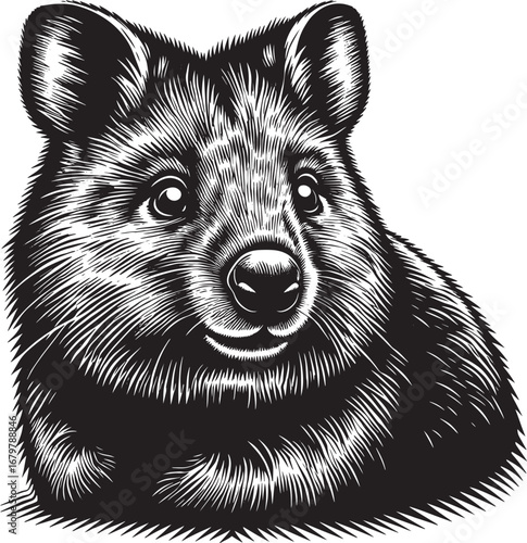 Detailed Black and White Engraving Illustration of a Quokka Isolated on White Background