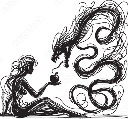 Intriguing black and white illustration of a woman offering an apple to a dragon-like entity