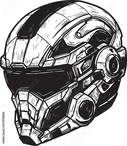 Futuristic Combat Helmet Design in Detailed Woodcut Style Illust