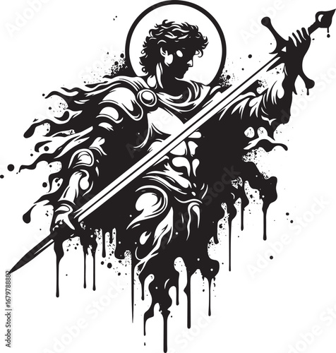 Intricate Black and White Illustration of an Angel Holding a Sword, Detailed Artwork