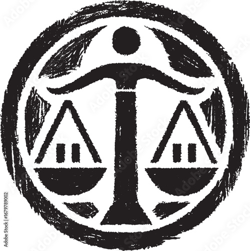 Ink Illustration of a Justice Scale in a Circular Design with a Grunge Textured Effect