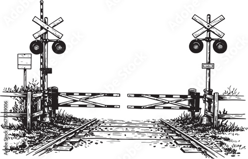 Monochrome Railway Crossing in Detailed Woodcut Style Illustrati