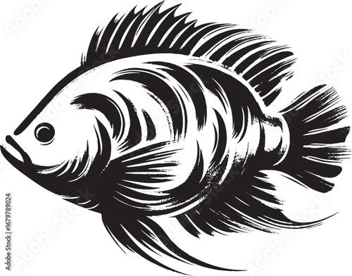 Elegant monochrome sumi-e illustration portraying a tilapia in a