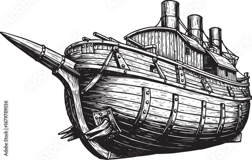 Stylized Naval Ram Steamboat Woodcut Illustration in Black and W