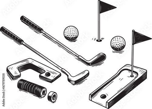 Elegant monochrome woodcut depiction of a miniature golf set, is