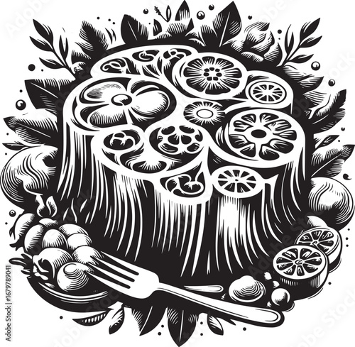 Artistic monochrome illustration of a delicious gourmet dish with fruits and vegetables
