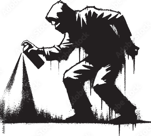 Silhouette of a Graffiti Artist Spraying a Wall with a Spray Paint Can, Urban Art Concept