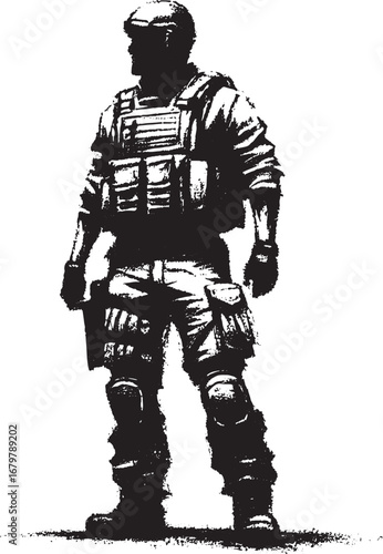 Silhouette of a Soldier in Combat Gear Standing Ready for Action in a Tactical Position