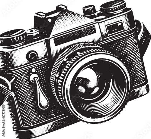 Detailed Black and White Vector Illustration of a Classic Vintage Film Camera