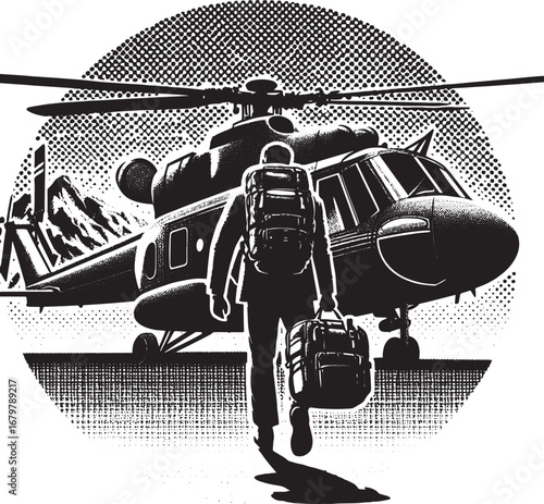 Silhouette of a person walking towards a helicopter, adventure and travel concept illustration
