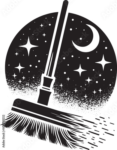 Creative illustration of a broom sweeping the night sky, stars, and crescent moon design