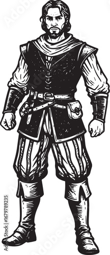 Illustrative rogue character in detailed woodcut style, isolated